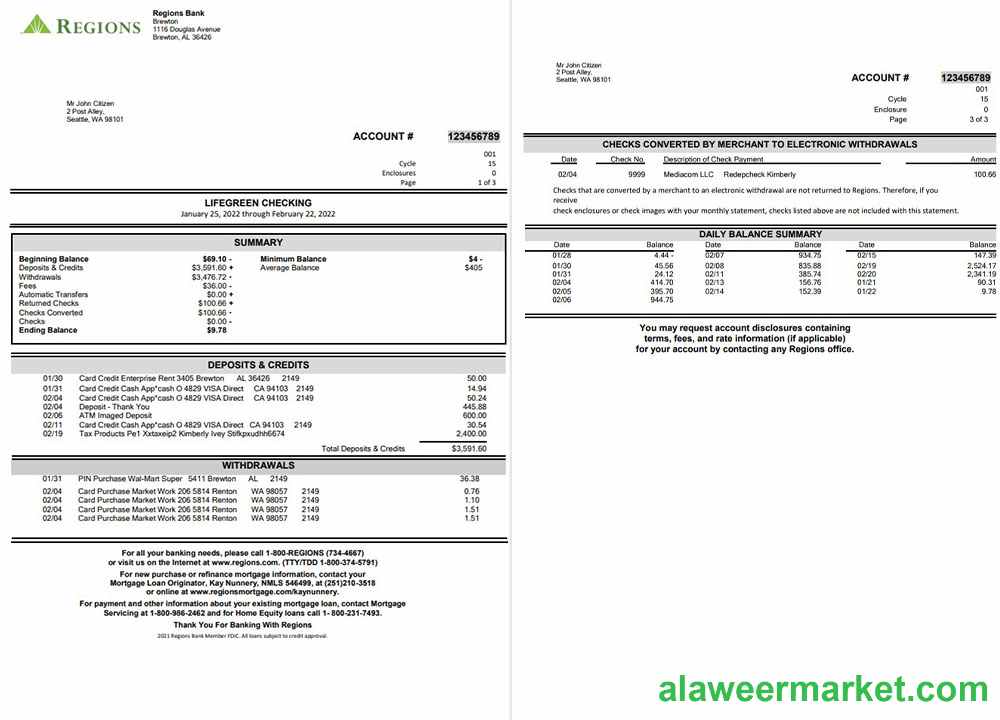 Regions Bank Statement 3 page